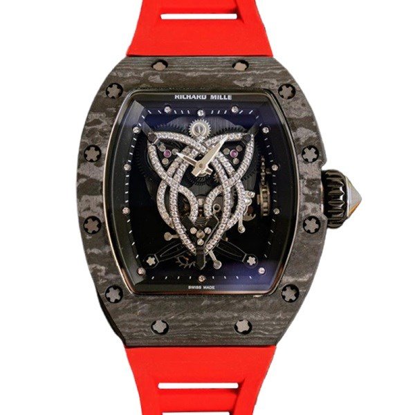 Richard Mille RM019 Men Hand Wind Watch Rubber Band Black With Diamonds Dial